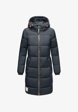 Podložena temno moder parka jakna s kapuco, ki ima sprednji zadrgo, elastične manšete in bronaste dodatke. Vključuje logotipni aplikacijo na robu.