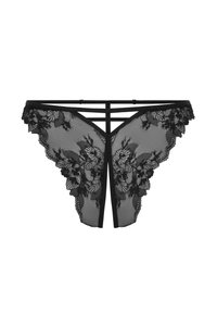 String noir en dentelle avec motifs floraux et bords festonnés. Présente un corps en tulle transparent et un design à lanières à l'arrière.