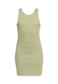 Elegant, přiléhavé tank šaty ve světle zelené barvě, vyrobené z texturované tkaniny. Mají kulatý výstřih a bezramínkový design.