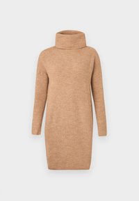 Robe à col roulé en maille couleur fauve, manches longues, texture côtelée, coupe ample s'arrêtant mi-cuisse.