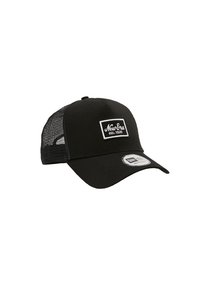 Black baseball cap with a solid front, mesh back, a rectangular logo patch, and a curved brim. Features adjustable snap closure.