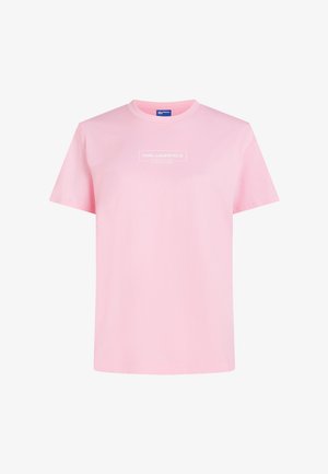 Φωτεινό ροζ κοντομάνικο μπλουζάκι με στρογγυλή λαιμόκοψη, με μικρό λευκό κείμενο "KARL LAGERFELD JEANS" στο κέντρο του στήθους.