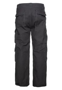Black cargo pants made from durable fabric, featuring side pockets, a relaxed fit, and stitched detailing along the seams and cuffs.