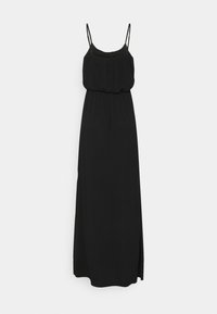 Vestido maxi preto com alças finas ajustáveis, corpete franzido e fendas laterais. Feito de tecido leve para uma silhueta fluida.