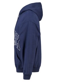 Sweat à capuche bleu marine avec une capuche spacieuse, une poche avant et un texte imprimé en blanc. Fabriqué en tissu doux, avec des poignets et un ourlet côtelés.