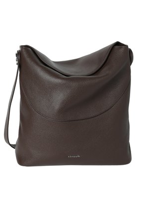 Dark brown textured leather shoulder bag with a soft fold-over top and adjustable strap, branded with "Tatuum" on front.