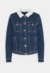Džínová bunda s podšívkovým krémovým límcem, pěti předními kapsami, kovovými knoflíky a kontrastním šitím v tmavě modrém omakání.