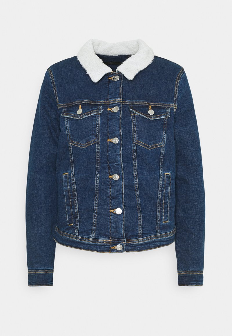 Džínová bunda s podšívkovým krémovým límcem, pěti předními kapsami, kovovými knoflíky a kontrastním šitím v tmavě modrém omakání.