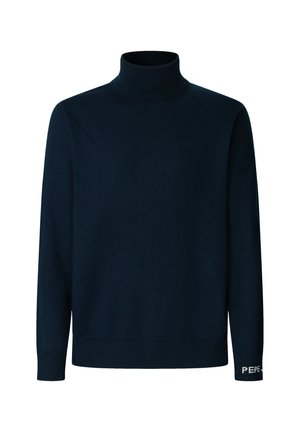 Dunkelblauer Rollkragenpullover aus weichem Strickmaterial, mit langen Ärmeln und gerippten Bündchen sowie einem weißen Markenlogo am Saum.
