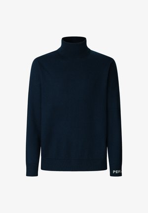 Dunkelblauer Rollkragenpullover aus weichem Strickmaterial, mit langen Ärmeln und gerippten Bündchen sowie einem weißen Markenlogo am Saum.