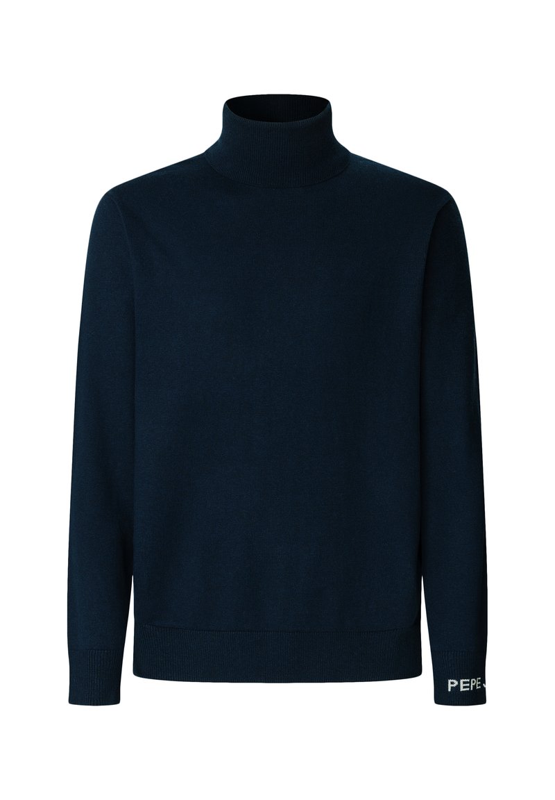 Granatowy sweter typu golf wykonanego z miękkiego dzianiny, z długimi rękawami i prążkowanymi mankietami oraz białym logo na dolnym brzegu.