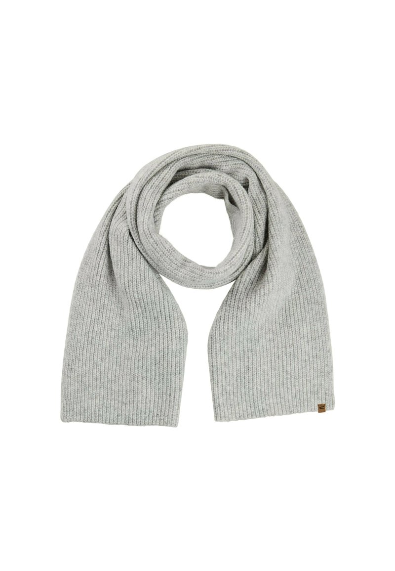 Gray knitted scarf with a ribbed texture. Soft fabric, elongated shape, and a small logo tag on one end. Suitable for cold weather use.