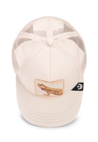 Adjustable baseball cap in light beige, featuring a mesh back, embroidered patch of a dinosaur, and contrasting black side label.