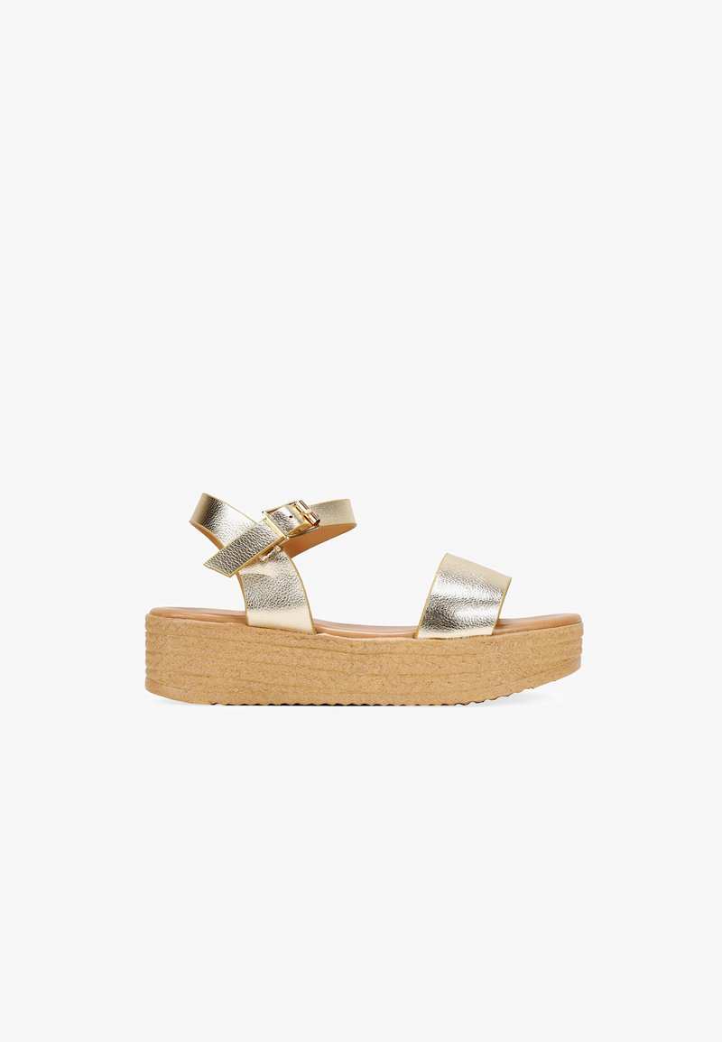 Gold metallic platform sandals with two wide straps and a buckle. Textured upper, natural jute-like outsole, and light brown insole.