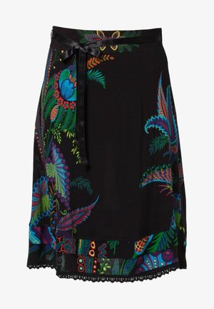 Czarna spódnica z żywymi wzorami kwiatowymi i paisley w kolorach niebieskim, zielonym, czerwonym i pomarańczowym. Posiada czarny satynowy pasek oraz koronkowe wykończenie.