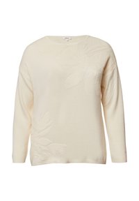 Crèmekleurige trui met lange mouwen, ronde halslijn en een geborduurd bloemmotief aan de voorkant. Zachte, gebreide stof met een casual pasvorm.