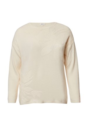 Pull de couleur crème à manches longues, col rond, avec broderie florale texturée sur le devant. Tissu en maille douce, coupe décontractée.