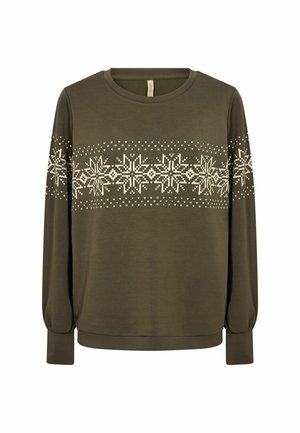 Olivgrüner langärmeliger Pullover mit Rundhalsausschnitt. Verfügt über ein weißes Schneeflocken- und Musterdesign auf der Brust. Weicher Stoff, legere Passform.