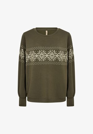 Maslinasto zelena dugosleeve pletiva s okruglim izrezom. Sadrži bijeli dizajn pahuljica i uzoraka preko prsa. Mekana tkanina, opušteni kroj.