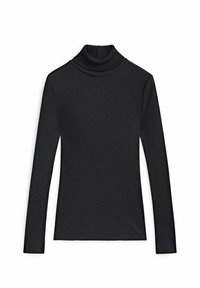 Sort ribbet rullekravesweater med lange ærmer, præget af en tætsiddende krave og en glat tekstur. Ingen synlige mønstre eller detaljer.