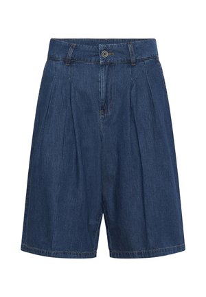 Shorts di jeans blu scuro a vita alta con pieghe frontali, chiusura con bottone, passanti per cintura e gambe larghe fino al ginocchio.