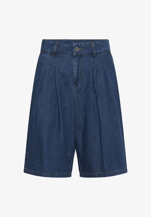 Donkerblauwe denim shorts met hoge taille, voorplooien, knoopsluiting, ceintuurlussen en wijde pijpen tot op de knie.