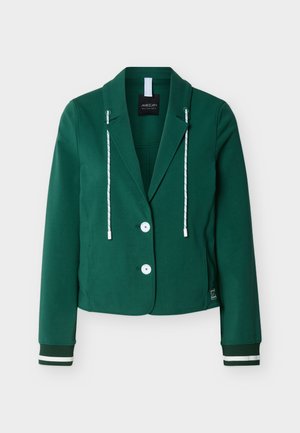 Green cropped blazer with two buttons, striped drawstrings at the collar, and ribbed cuffs featuring white double stripes.