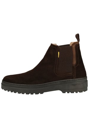 Braune Wildleder-Stiefelette mit einer strukturierten Netz-Seitenpartie, elastischen Einsätzen und einer dicken schwarzen Gummisohle. Mit kontrastierenden Nahtdetails.