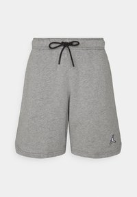 Pantalones cortos de algodón grises con una cintura elástica y cordón negro. Presenta un pequeño logo negro en el dobladillo izquierdo. Textura suave.