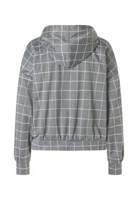 Sweatshirt à capuche gris avec un motif de quadrillage blanc, taille élastique et poignets. Doté d'une capuche arrondie et d'un tissu texturé.