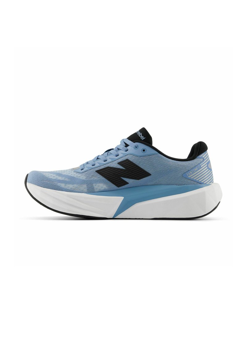 Light blue running shoe with black logo, thick white sole, and black inner lining, viewed from the side on a white background.