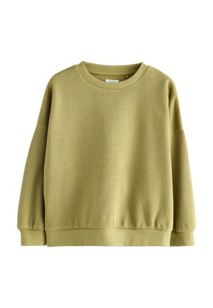 Olivgrüner Sweatshirt mit geripptem runden Ausschnitt und Saum. Verfügt über überschnittene Schultern und einen weichen, strukturierten Stoff. Entspannte Passform mit langen Ärmeln.