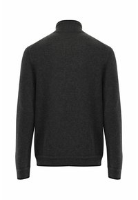 Dunkelgrauer Pullover mit hohem Kragen aus gestricktem Stoff. Verfügt über lange Ärmel sowie gerippte Bündchen und Saum, mit einer glatten Textur.