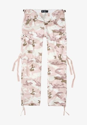 Pantaloni cargo mimetici in toni di rosa e beige, in materiale cotone, con molteplici tasche e lacci regolabili alle caviglie.