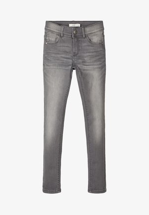 Jean gris slim-fit avec bouton et fermeture éclair à l'avant, style cinq poches, détails délavés subtils sur les cuisses et les genoux, passants pour ceinture inclus.
