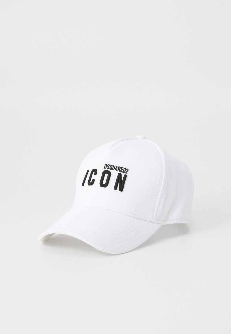 Weißes Baseballcap aus Stoff mit einem gebogenen Schirm. Auf der Vorderseite befindet sich schwarzer, gestickter "DSQUARED2 ICON"-Text.