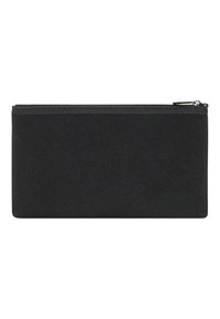 Svart dragkedja plånbok med en slät, matt yta och rektangulär form. Har förstärkt sömnad längs dragkedjans kant.