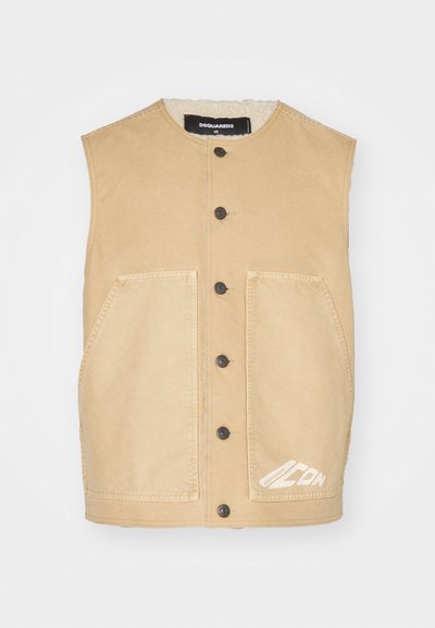 Khaki sleeveless vest with a round neckline, front button closure, two large pockets, and white logo detail on the hem. Soft-textured fabric.