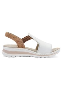 White leather open-toe slingback sandal with tan cork heel strap, cushioned beige sole, and flexible white outsole.