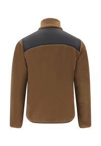 Brun fleecejacka med hög krage, svart panel på axlarna och texturerat tyg. Har en rak passform och långa ärmar.