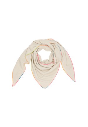 Cream-colored scarf with a textured, crinkled fabric, featuring bright multicolored stitching along the edges and a triangular shape.