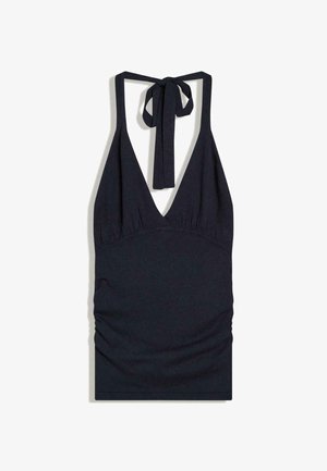 Top negru cu guler halter, decolteu adânc în V și închidere cu panglică la spate.