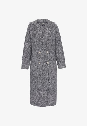 Lange grijze dubbelzijdige wollen jas met brede kraag en omgeslagen mouwen, met een geweven patroon.