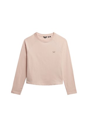 Camicia a maniche lunghe di colore rosa chiaro, realizzata in morbido cotone, con scollatura rotonda e un piccolo logo ricamato sul davanti.