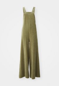 Salopette in velluto a coste verde oliva con gambe larghe, spalline regolabili e superficie testurizzata. Design semplice, senza motivi o componenti visibili.