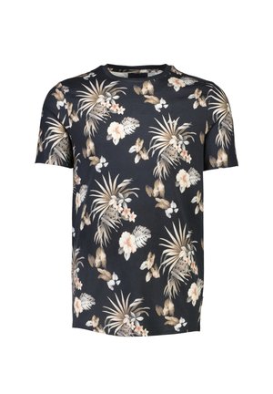 Short-sleeve t-shirt in black cotton fabric featuring a colorful floral pattern with tropical leaves and flowers in beige and white.