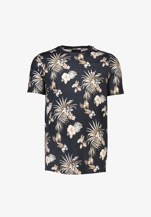 Kurzärmliges T-Shirt aus schwarzem Baumwollstoff mit einem bunten Blumenmuster von tropischen Blättern und Blumen in Beige und Weiß.