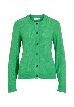 Cardigan verde acanalado con cuello redondo, mangas largas y botones marrones en la parte delantera. Hecho de material suave y texturizado.