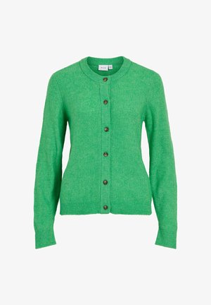 Cardigan verde acanalado con cuello redondo, mangas largas y botones marrones en la parte delantera. Hecho de material suave y texturizado.