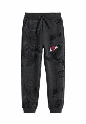Black sweatpants with Spider-Man graphics, featuring an elastic waistband with drawstring, and ribbed cuffs, made of soft fabric.